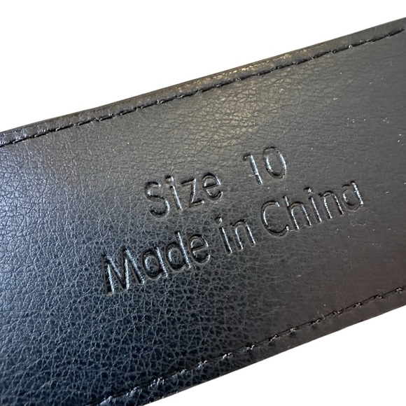 Sophisticated Black Textured Wide Leather Belt with Large Gold Buckle, Size 10